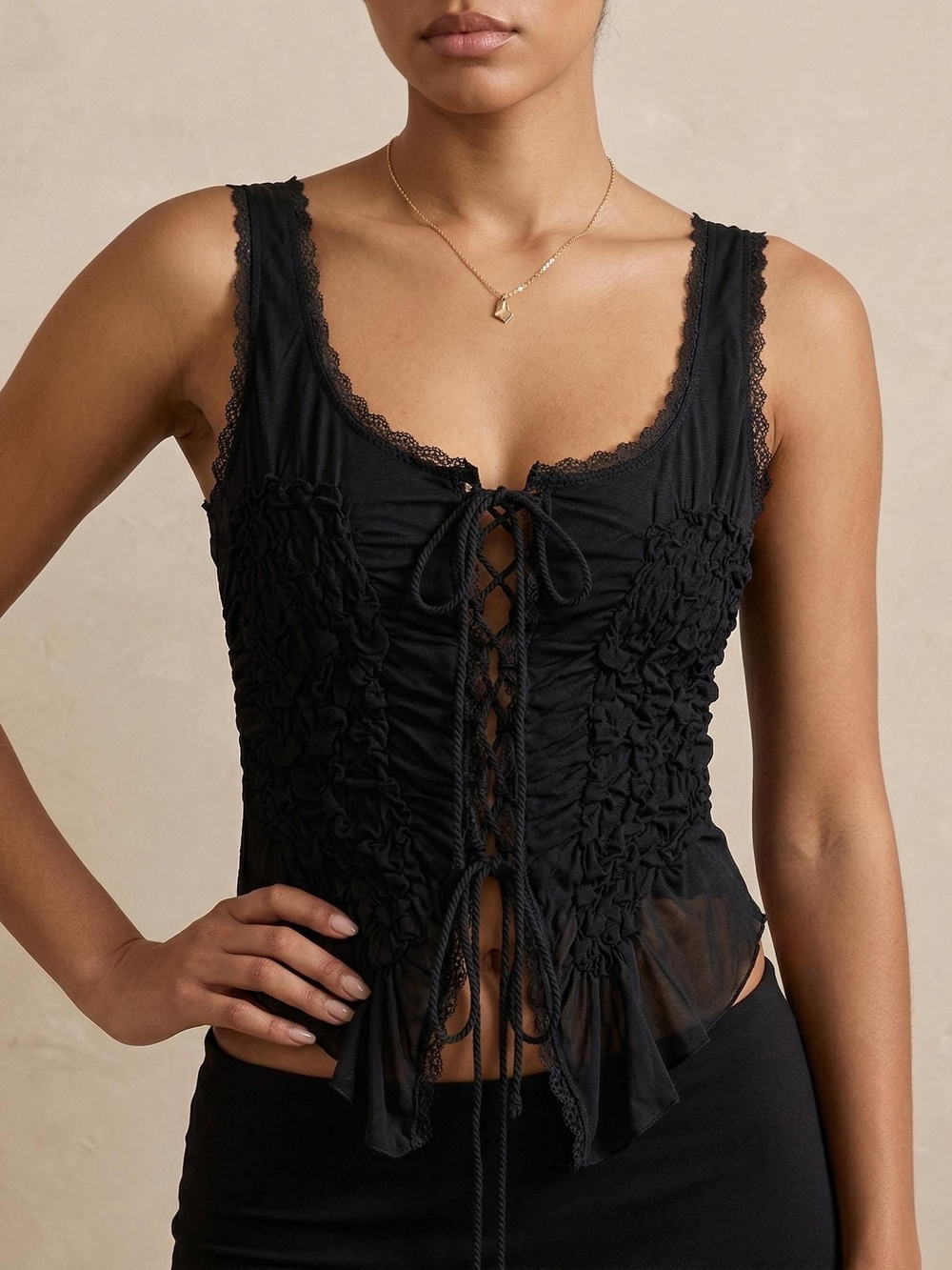 Zara Corset Black Lace-Trim Ruched Front Tank Top